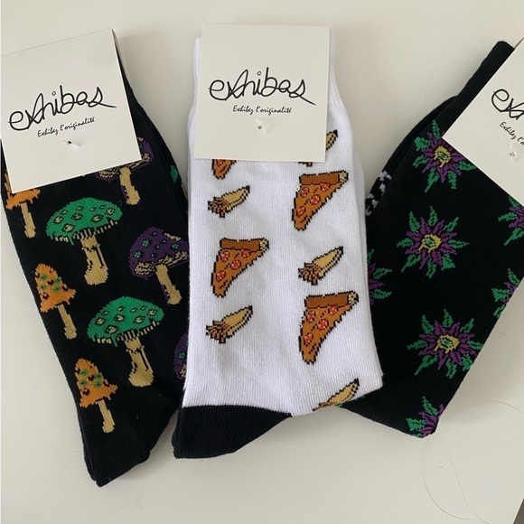 Exhibas Other - NWT 🆕 Lot of 3 Men Skater Funky Printed Crew Socks • Mushroom Pizzas Eye Flower
